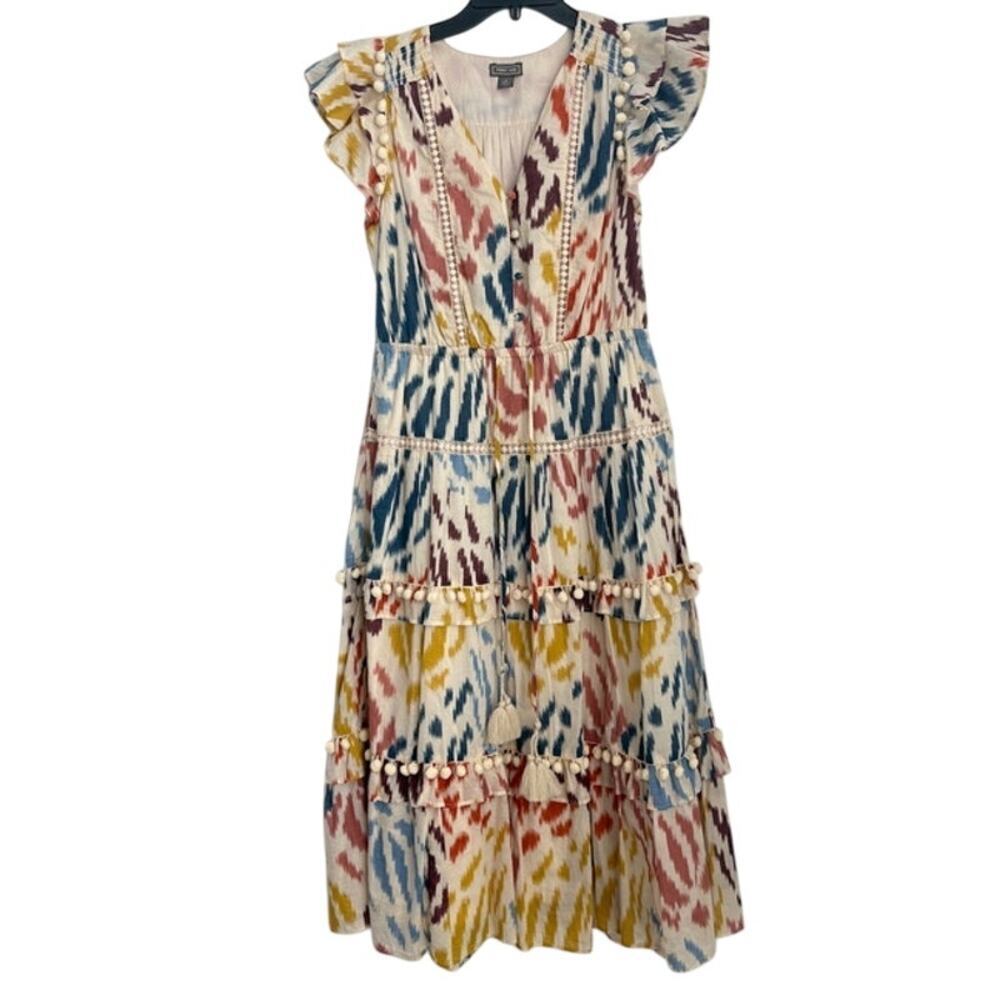 J. Crew Point Sur Pom Pom Boho Print Cotton Midi Dress Size 4 - Picture 2 of 7